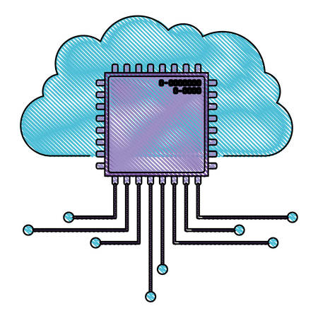 cloud storage data and cpu microprocessor icon in color crayon silhouette vector illustrationのイラスト素材
