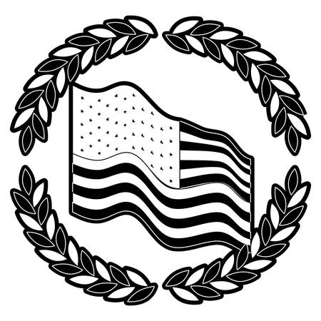 united states flag waving with circular crown of olive branches in monochrome silhouette vector illustrationのイラスト素材