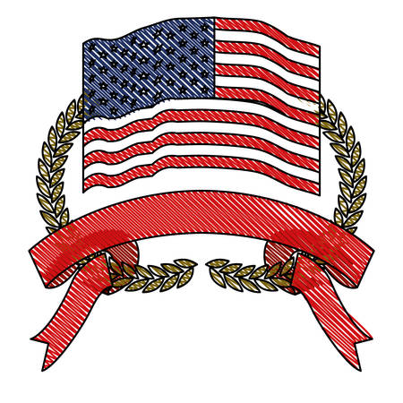 united states flag inside of olive branches bow and ribbon on bottom in colored crayon silhouette vector illustrationのイラスト素材