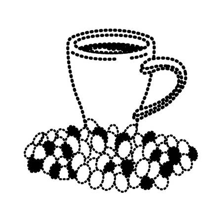 porcelain cup and beans of coffee silhouette dotted monochrome on white background vector illustrationのイラスト素材