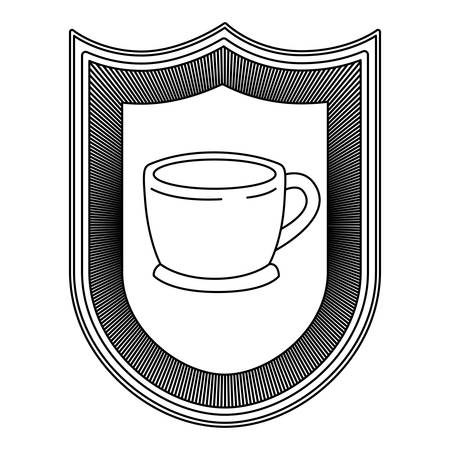 Badge decorative of cup of coffee with handle on dish striped silhouette on white background vector illustrationのイラスト素材