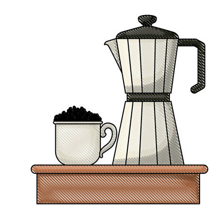 porcelain mug with pile coffee beans and metallic jar of coffee with handle colored crayon silhouette vector illustrationのイラスト素材