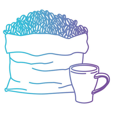 bag with beans and mug of coffee with handle gradient color silhouette from blue to purple vector illustrationのイラスト素材