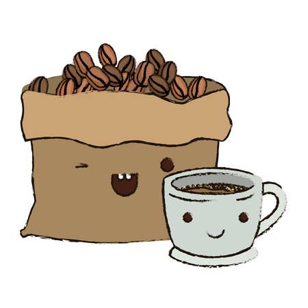 bag with beans and cup of coffee colorful blurred silhouette vector illustrationのイラスト素材