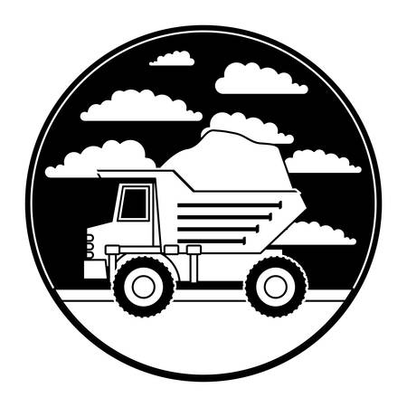 dump truck in circular frame with cloud landscape on monochrome silhouette vector illustrationのイラスト素材