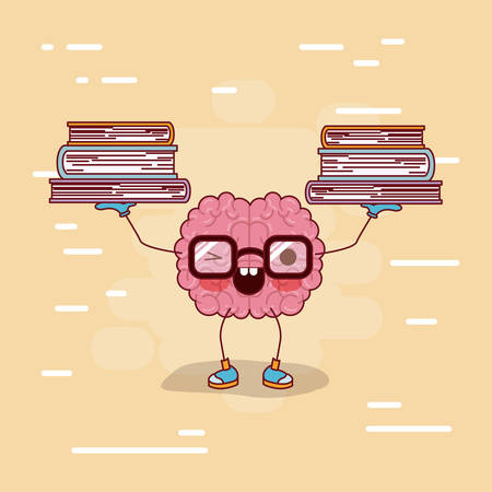 brain cartoon with glasses with books and background in beige color vector illustrationのイラスト素材