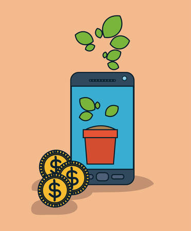 smartphone device with plant pot in screen and coins in salmon color background vector illustrationのイラスト素材