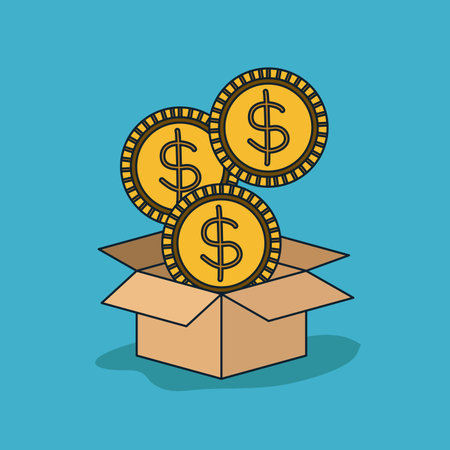 cardboard box opened with three big coins in blue background vector illustrationのイラスト素材