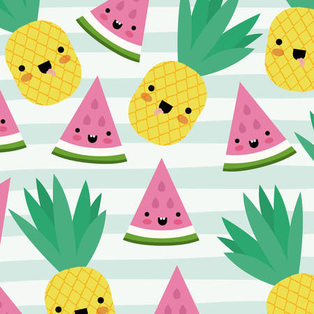 kawaii fruits pattern set with face expression on decorative lines color background vector illustrationのイラスト素材