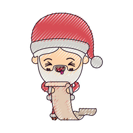 santa claus cartoon holding gift list in paper face expression smiling on color crayon silhouette on white background vector illustrationのイラスト素材