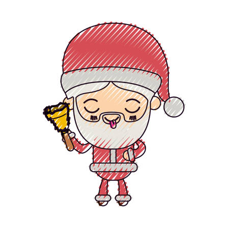 santa claus cartoon holding hand bell face expression tongue out on color crayon silhouette on white background vector illustrationのイラスト素材