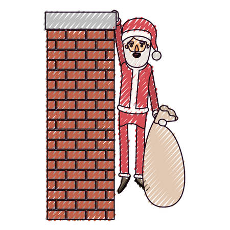 santa claus caricature full body hanging of chimney brick fireplace and holding a gift bag with hat and costume on color crayon silhouette on white background vector illustrationのイラスト素材