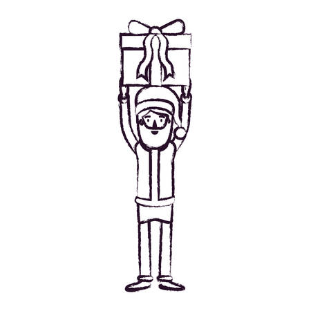 santa claus caricature full body holding up a gift with hat and costume blurred silhouette on white background vector illustrationのイラスト素材
