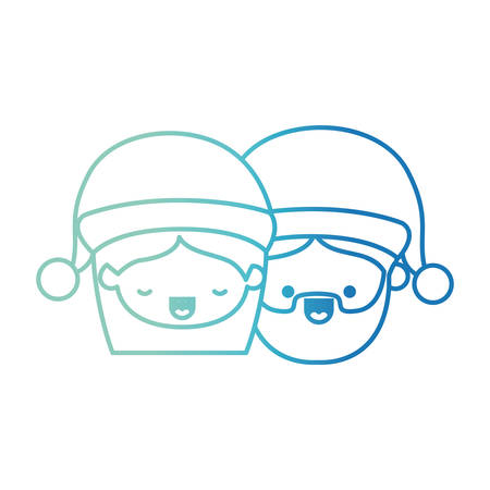 Santa Claus couple cartoon faces woman eyes closed and man happiness on gradient color.のイラスト素材