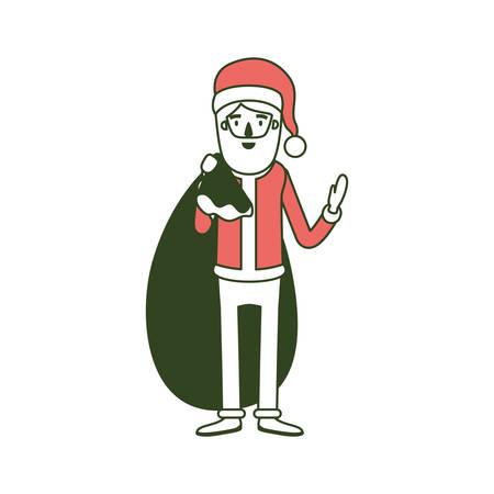 santa claus caricature full body with gift bag hat and costume on color section silhouette vector illustrationのイラスト素材