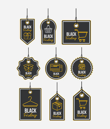 Black friday with set of discount offer tags and pendant of threads on white background.のイラスト素材