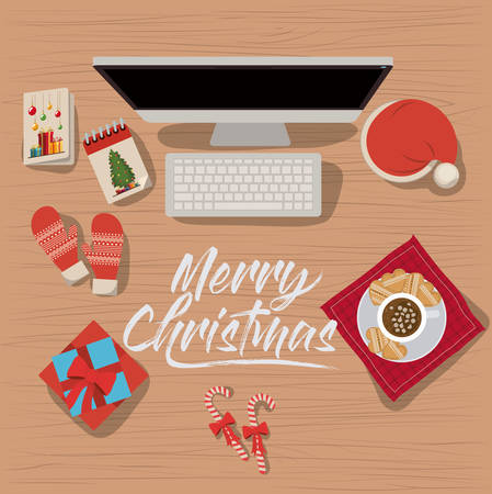 Christmas desktop computer scene in top view with decoration and gifts vector illustrationのイラスト素材