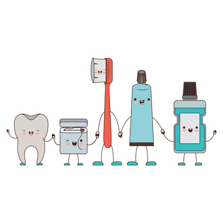 tooth and dental floss and toothbrush and toothpaste and mouthwash in cartoon holding hands in colorful silhouette vector illustrationのイラスト素材
