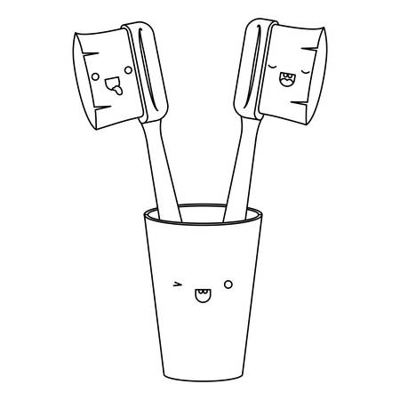 glass with male and female toothbrush in monochrome silhouette vector illustrationのイラスト素材