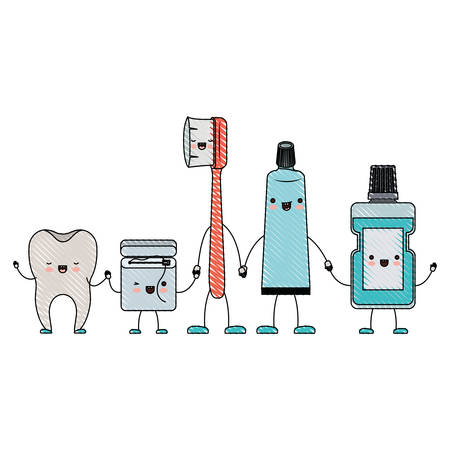 tooth and dental floss and toothbrush and toothpaste and mouthwash in cartoon holding hands in colored crayon silhouette vector illustrationのイラスト素材