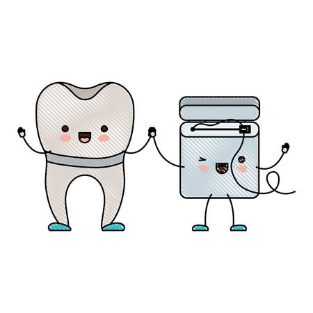 implant tooth and dental floss in cartoon holding hands in colored crayon silhouette vector illustrationのイラスト素材
