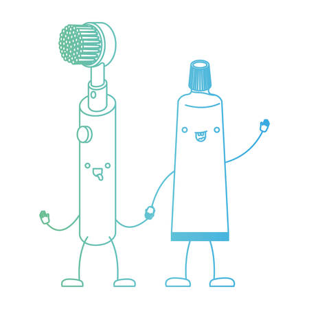 electric toothbrush and toothpaste holding hands in degraded green to blue color contour vector illustrationのイラスト素材