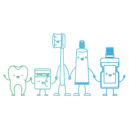tooth and dental floss and toothbrush and toothpaste and mouthwash in cartoon holding hands in degraded green to blue color contour vector illustrationのイラスト素材