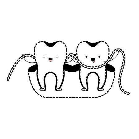 Teeth cartoon and dental floss between them and holding hands in black dotted silhouette vector illustrationのイラスト素材