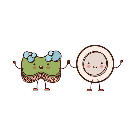 cartoon dish and sponge holding hands in colorful silhouette vector illustrationのイラスト素材