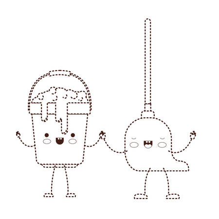 cartoon bucket with soapy water and mop holding hands in brown dotted silhouette vector illustrationのイラスト素材