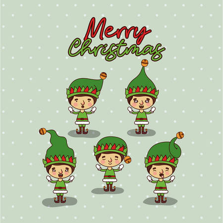 merry christmas card with set of gnome boys with background of snow fallingのイラスト素材
