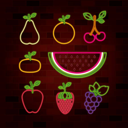 fruits set in neon sign on brick wall vector illustrationのイラスト素材