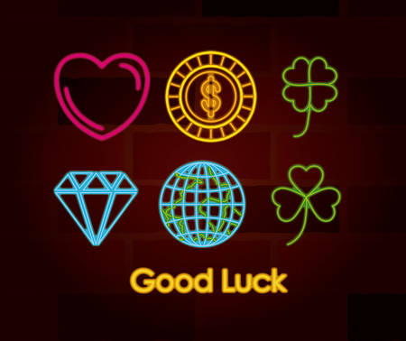 good luck symbols set of neon sign on brick wall vector illustrationのイラスト素材