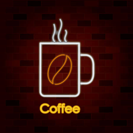 hot coffee mug on neon sign on brick wall vector illustrationのイラスト素材