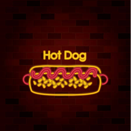hot dog on neon sign on brick wall vector illustrationのイラスト素材
