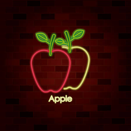 Apple fruits on neon sign on brick wall vector illustrationのイラスト素材