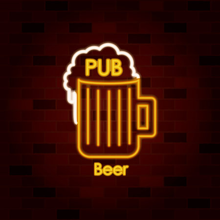 pub beer on neon sign on brick wall vector illustrationのイラスト素材