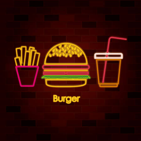 french fries burger and drink on neon sign on brick wall vector illustrationのイラスト素材