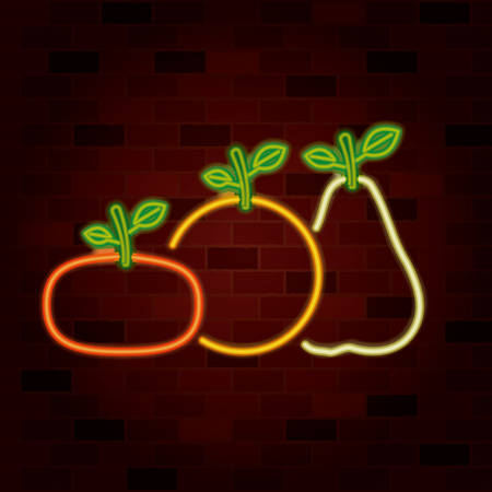 fruits tangerine orange and pear on neon sign on brick wall vector illustrationのイラスト素材