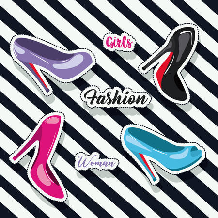 colorful heeled shoes sticker and text of girls fashion woman on pop art diagonal linear background vector illustrationのイラスト素材