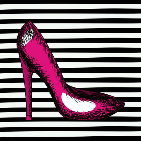magenta heel shoe sketch in pop art on black striped background vector illustrationのイラスト素材