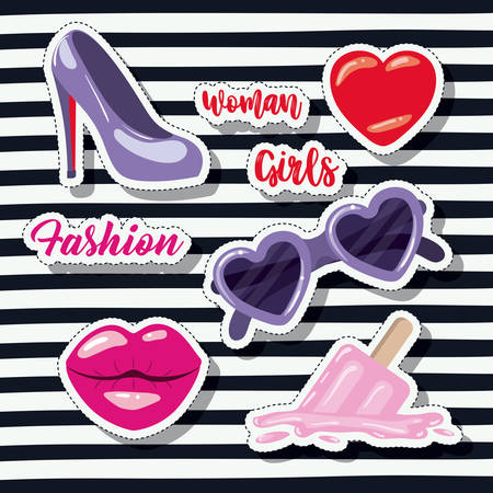 fashion woman girls elements sticker on pop art striped black background vector illustrationのイラスト素材