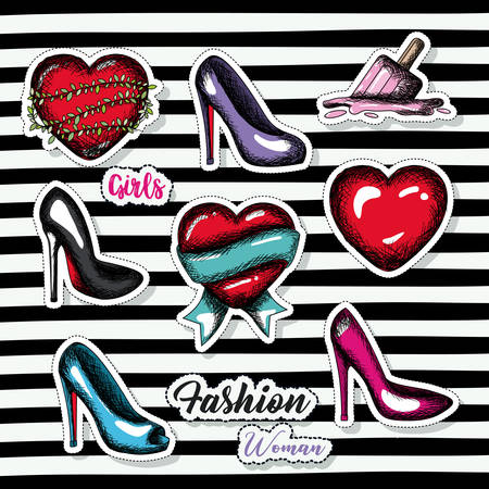 fashion woman girls elements sticker on pop art diagonal stripe black background vector illustrationのイラスト素材