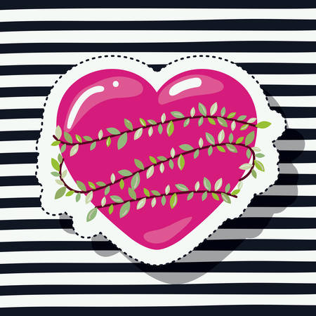 magenta heart sticker with climbing plant around on pop art on black striped background vector illustrationのイラスト素材