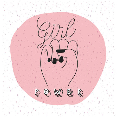 girl power emblem with raised fist in sign of victory in circular pink background vector illustrationのイラスト素材