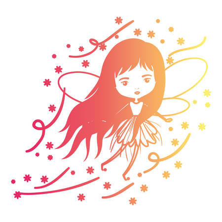 girly fairy flying with wings and long hair and stars in degraded magenta to yellow color contour vector illustrationのイラスト素材