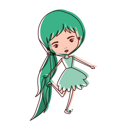 girly fairy without wings and green long hair with pigtail and dress in watercolor silhouette vector illustrationのイラスト素材
