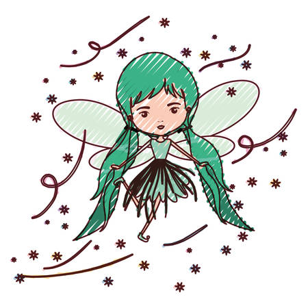 girly fairy flying with wings and pigtails hairstyle in colored crayon silhouette vector illustrationのイラスト素材