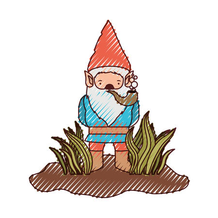 gnome without face coming out of the bushes with smoking pipe on colored crayon silhouette vector illustrationのイラスト素材