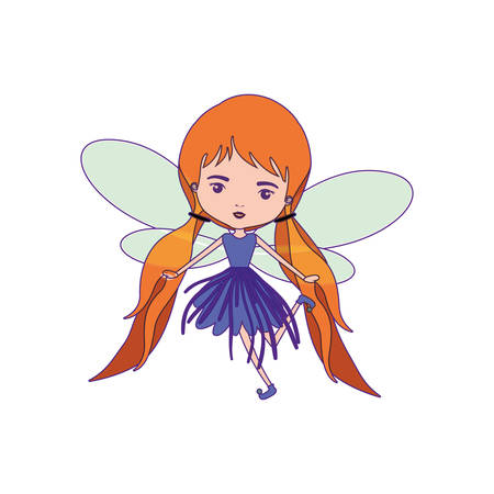 girly fairy with wings and redhead with pigtails and purple dress with purple contour vector illustrationのイラスト素材